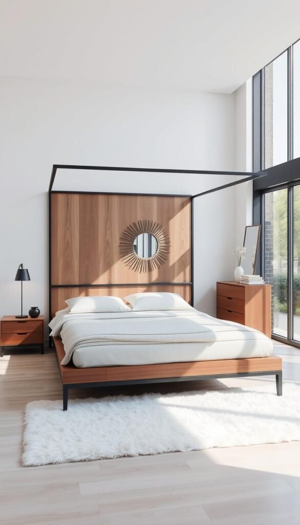 Modern minimalist bedroom with warm walnut accents and a sleek black metal frame. Flooded with natural light from large windows, creating a serene and airy ambiance. A low-profile platform bed takes center stage, complemented by sleek nightstands and a dresser in a muted color palette. Soft textures in the form of a fluffy white rug and plush bedding add visual interest. Understated wall decor, such as a geometric mirror, elevates the space. This "My Home Dec" bedroom exudes a refined, contemporary aesthetic perfect for the "Modern Minimalist: Black Frames with Walnut Accents" section. Modern minimalist bedroom with warm walnut accents and a sleek black metal frame. Flooded with natural light from large windows, creating a serene and airy ambiance. A low-profile platform bed takes center stage, complemented by sleek nightstands and a dresser in a muted color palette. Soft textures in the form of a fluffy white rug and plush bedding add visual interest. Understated wall decor, such as a geometric mirror, elevates the space. This "My Home Dec" bedroom exudes a refined, contemporary aesthetic perfect for the "Modern Minimalist: Black Frames with Walnut Accents" section.