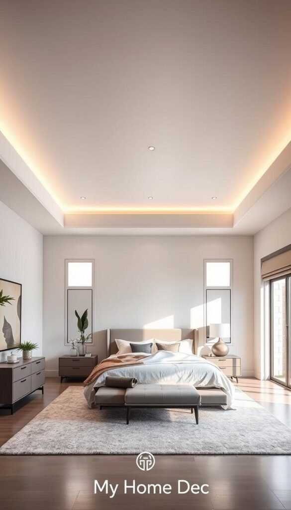 Modern tray ceiling designs featuring a well-lit, spacious master bedroom with an elegant, contemporary style. A minimalist, light-colored tray ceiling with subtle, recessed lighting creates a warm, inviting ambiance. Sleek, mid-century modern furniture and a plush, neutral-toned area rug complement the clean, refined aesthetic. Soft, diffused lighting through large windows and a neutral color palette evoke a sense of tranquility and relaxation. The "My Home Dec" brand's signature design principles are seamlessly integrated, showcasing a harmonious balance of form and function. Modern tray ceiling designs featuring a well-lit, spacious master bedroom with an elegant, contemporary style. A minimalist, light-colored tray ceiling with subtle, recessed lighting creates a warm, inviting ambiance. Sleek, mid-century modern furniture and a plush, neutral-toned area rug complement the clean, refined aesthetic. Soft, diffused lighting through large windows and a neutral color palette evoke a sense of tranquility and relaxation. The "My Home Dec" brand's signature design principles are seamlessly integrated, showcasing a harmonious balance of form and function.
