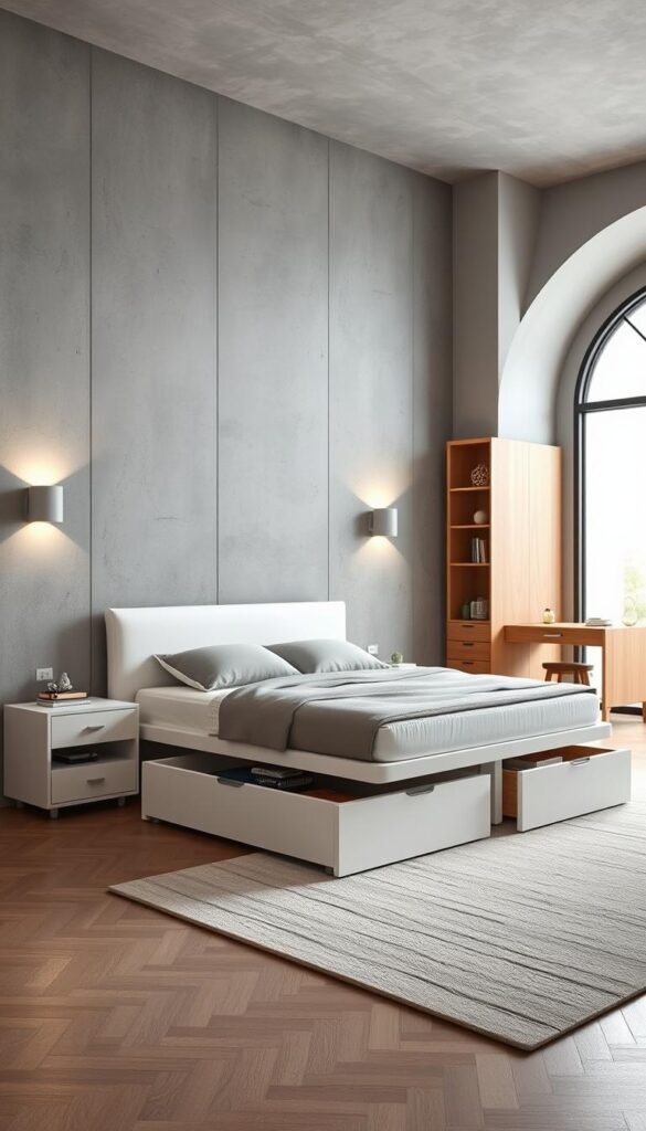 Multi-functional bedroom furniture showcasing elegant, modern design by My Home Dec. A sleek, white lacquered platform bed with integrated storage drawers in the base rests against a minimalist grey concrete wall. Flanking the bed are two compact, modular side tables with open shelving and hidden compartments. A floating desk/vanity combo in warm, natural wood tones occupies the far corner, doubling as a workspace and dressing table. Soft, diffused lighting from wall-mounted sconces casts a cozy glow, while a large, arched window floods the space with natural light. The overall atmosphere is serene, organized and multifunctional. Multi-functional bedroom furniture showcasing elegant, modern design by My Home Dec. A sleek, white lacquered platform bed with integrated storage drawers in the base rests against a minimalist grey concrete wall. Flanking the bed are two compact, modular side tables with open shelving and hidden compartments. A floating desk/vanity combo in warm, natural wood tones occupies the far corner, doubling as a workspace and dressing table. Soft, diffused lighting from wall-mounted sconces casts a cozy glow, while a large, arched window floods the space with natural light. The overall atmosphere is serene, organized and multifunctional.