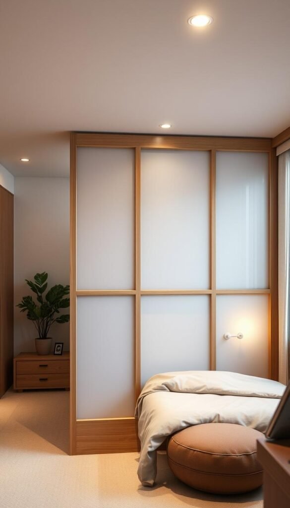 My Home Dec, a compact bedroom design with a room divider for added privacy. A cozy, minimalist space with a low bed frame, nightstands, and subtle lighting. The divider is a sleek, modern partition made of natural wood and frosted glass panels, creating a sense of separation while maintaining an open, airy feel. The room is illuminated by soft, warm lighting from table lamps and recessed ceiling fixtures, casting a tranquil, relaxing atmosphere. The overall palette is a soothing combination of neutral tones, with pops of natural greenery adding a touch of freshness. The camera captures the scene from a slightly elevated angle, emphasizing the efficient use of space and the harmonious integration of the room divider. My Home Dec, a compact bedroom design with a room divider for added privacy. A cozy, minimalist space with a low bed frame, nightstands, and subtle lighting. The divider is a sleek, modern partition made of natural wood and frosted glass panels, creating a sense of separation while maintaining an open, airy feel. The room is illuminated by soft, warm lighting from table lamps and recessed ceiling fixtures, casting a tranquil, relaxing atmosphere. The overall palette is a soothing combination of neutral tones, with pops of natural greenery adding a touch of freshness. The camera captures the scene from a slightly elevated angle, emphasizing the efficient use of space and the harmonious integration of the room divider.
