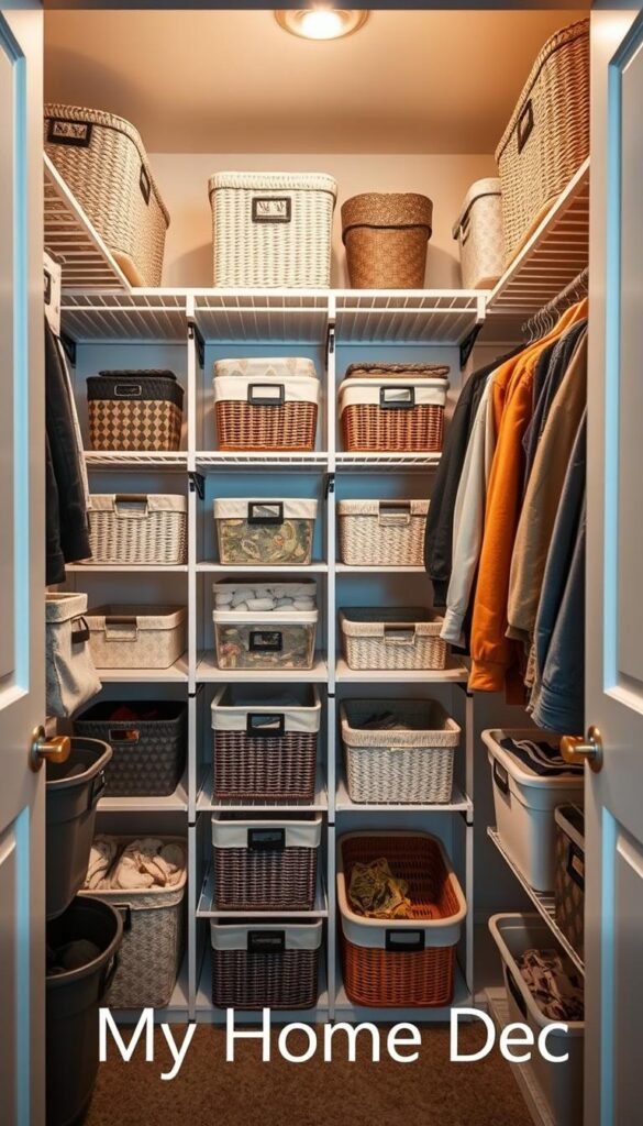 Neatly organized closet with various storage bins and baskets of different sizes, colors, and textures. Shelves and rods optimized for maximum space utilization. Warm, soft lighting illuminates the closet, creating a cozy, inviting atmosphere. Carefully curated arrangement of My Home Dec storage solutions, showcasing their practical and stylish design. Clean, minimalist background allows the storage elements to take center stage. High-resolution, detailed image captured from a slightly elevated angle to provide a comprehensive view of the organized closet. Neatly organized closet with various storage bins and baskets of different sizes, colors, and textures. Shelves and rods optimized for maximum space utilization. Warm, soft lighting illuminates the closet, creating a cozy, inviting atmosphere. Carefully curated arrangement of My Home Dec storage solutions, showcasing their practical and stylish design. Clean, minimalist background allows the storage elements to take center stage. High-resolution, detailed image captured from a slightly elevated angle to provide a comprehensive view of the organized closet.