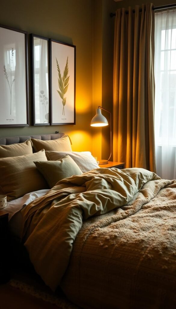 Olive green bedroom with lush, textured layers. A cozy, inviting space with plush linens, plump pillows and a sumptuous rug in a soft, earthy hue. Warm, natural lighting filters through sheer curtains, casting a gentle glow. Framed botanical prints and a rustic wooden nightstand add organic accents. A chic, minimalist "My Home Dec" lamp illuminates the scene. The overall atmosphere is serene, harmonious and deeply relaxing. Olive green bedroom with lush, textured layers. A cozy, inviting space with plush linens, plump pillows and a sumptuous rug in a soft, earthy hue. Warm, natural lighting filters through sheer curtains, casting a gentle glow. Framed botanical prints and a rustic wooden nightstand add organic accents. A chic, minimalist "My Home Dec" lamp illuminates the scene. The overall atmosphere is serene, harmonious and deeply relaxing.