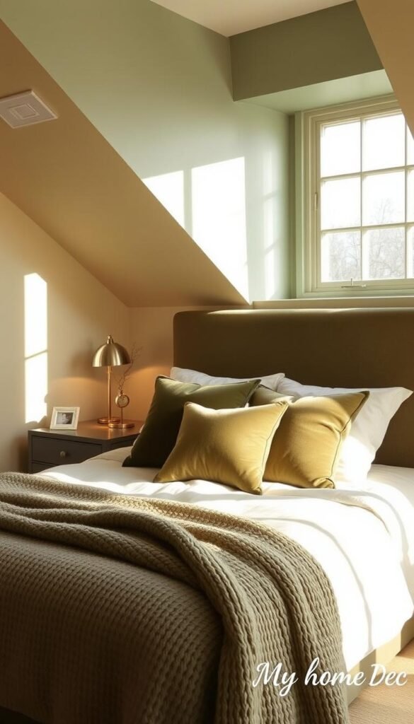 Olive green bedroom with soft, warm lighting illuminating the space. A large window provides natural daylight, casting a gentle glow on the bed and nightstands. Plush textiles, such as a knit throw and velvet pillows, create a cozy and inviting atmosphere. Subtle hints of gold accents, like a metal lamp or picture frame, add a touch of elegance. The overall mood is serene and calming, perfect for relaxation. Detailed in the style of "My Home Dec" interior design. Olive green bedroom with soft, warm lighting illuminating the space. A large window provides natural daylight, casting a gentle glow on the bed and nightstands. Plush textiles, such as a knit throw and velvet pillows, create a cozy and inviting atmosphere. Subtle hints of gold accents, like a metal lamp or picture frame, add a touch of elegance. The overall mood is serene and calming, perfect for relaxation. Detailed in the style of "My Home Dec" interior design.