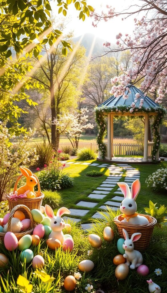 Outdoor Easter decorations in a lush garden setting. Vibrant springtime colors pop against a soft, natural backdrop. In the foreground, a whimsical mix of Easter baskets, pastel-hued eggs, and playful bunny figurines create a warm, inviting display. Beams of golden sunlight filter through the trees, casting a gentle glow over the scene. In the middle ground, a winding stone path leads the eye towards a charming gazebo adorned with delicate floral garlands. The background features a picturesque woodland landscape, with verdant foliage and blooming cherry blossom trees. A sense of festive cheer and tranquility pervades the "My Home Dec" outdoor Easter decor. Outdoor Easter decorations in a lush garden setting. Vibrant springtime colors pop against a soft, natural backdrop. In the foreground, a whimsical mix of Easter baskets, pastel-hued eggs, and playful bunny figurines create a warm, inviting display. Beams of golden sunlight filter through the trees, casting a gentle glow over the scene. In the middle ground, a winding stone path leads the eye towards a charming gazebo adorned with delicate floral garlands. The background features a picturesque woodland landscape, with verdant foliage and blooming cherry blossom trees. A sense of festive cheer and tranquility pervades the "My Home Dec" outdoor Easter decor.