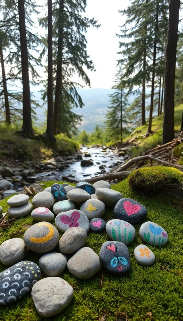Outdoor rock painting ideas: a serene natural scene with an assortment of smooth, weathered stones adorned with vibrant, whimsical designs in the style of "My Home Dec". In the foreground, a collection of painted rocks in various sizes and shapes, each one a unique work of art, casually arranged on a lush, mossy forest floor. In the middle ground, a backdrop of towering evergreen trees and a tranquil, babbling brook reflecting the dappled sunlight. In the distance, rolling hills and a hazy, pastel sky, creating a sense of peaceful isolation. The lighting is soft and diffused, casting gentle shadows and highlights that accentuate the textural details of the rocks and their artistic embellishments. Outdoor rock painting ideas: a serene natural scene with an assortment of smooth, weathered stones adorned with vibrant, whimsical designs in the style of "My Home Dec". In the foreground, a collection of painted rocks in various sizes and shapes, each one a unique work of art, casually arranged on a lush, mossy forest floor. In the middle ground, a backdrop of towering evergreen trees and a tranquil, babbling brook reflecting the dappled sunlight. In the distance, rolling hills and a hazy, pastel sky, creating a sense of peaceful isolation. The lighting is soft and diffused, casting gentle shadows and highlights that accentuate the textural details of the rocks and their artistic embellishments.