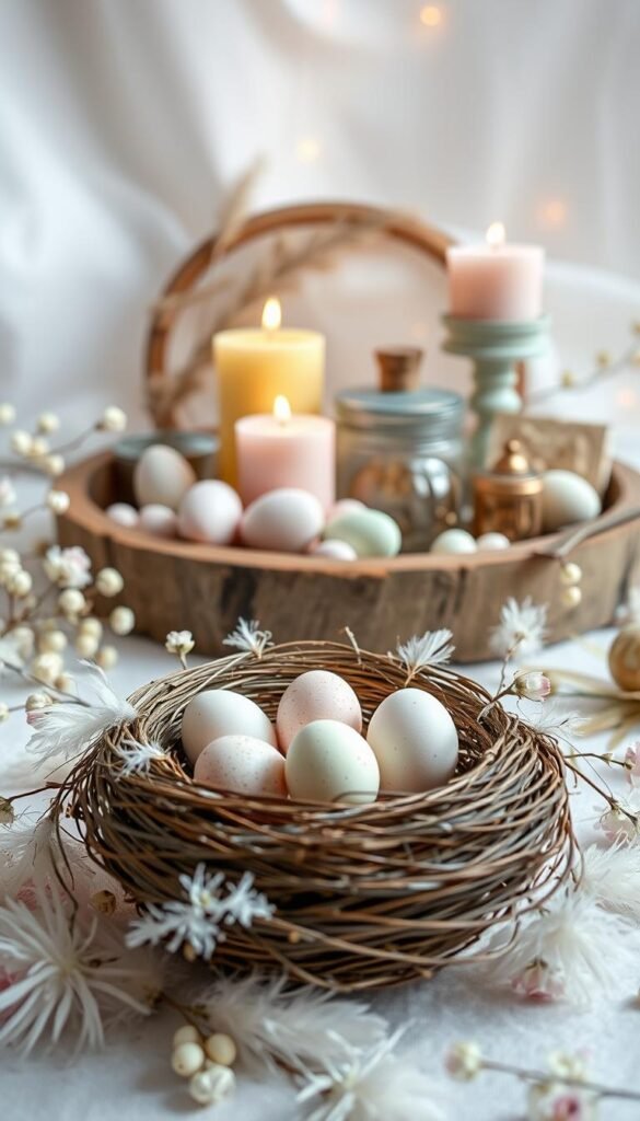 Pastel Easter Decor - A whimsical still life showcasing the "My Home Dec" brand. In the foreground, a delicate nest filled with speckled eggs in soft hues of pink, yellow, and mint. Surrounded by a scattering of fluffy feathers and delicate blossoms. In the middle ground, a rustic wooden tray holds an assortment of pastel-colored candles, trinkets, and decorative elements. The background evokes a dreamy, ethereal atmosphere with soft, diffused lighting, creating a sense of warmth and tranquility. The entire scene exudes a timeless, elegant charm, perfectly capturing the spirit of the 2025 Easter color palette trend. Pastel Easter Decor - A whimsical still life showcasing the "My Home Dec" brand. In the foreground, a delicate nest filled with speckled eggs in soft hues of pink, yellow, and mint. Surrounded by a scattering of fluffy feathers and delicate blossoms. In the middle ground, a rustic wooden tray holds an assortment of pastel-colored candles, trinkets, and decorative elements. The background evokes a dreamy, ethereal atmosphere with soft, diffused lighting, creating a sense of warmth and tranquility. The entire scene exudes a timeless, elegant charm, perfectly capturing the spirit of the 2025 Easter color palette trend.