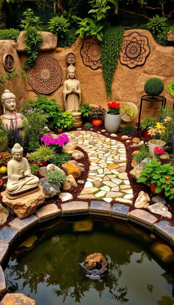 Peaceful garden retreat with a serene pond, surrounded by a lush arrangement of spiritual symbols. In the foreground, a tranquil water feature reflects the soft light, alongside a carved stone statue of a meditating Buddha. In the middle ground, a mosaic path winds through a colorful mix of flowering plants, herbs, and ornamental rocks. In the background, a stone wall is adorned with engraved mandalas and sun symbols, creating a sense of mystical connection with the natural world. Warm, diffused lighting casts a comforting glow over the entire scene. My Home Dec. Peaceful garden retreat with a serene pond, surrounded by a lush arrangement of spiritual symbols. In the foreground, a tranquil water feature reflects the soft light, alongside a carved stone statue of a meditating Buddha. In the middle ground, a mosaic path winds through a colorful mix of flowering plants, herbs, and ornamental rocks. In the background, a stone wall is adorned with engraved mandalas and sun symbols, creating a sense of mystical connection with the natural world. Warm, diffused lighting casts a comforting glow over the entire scene. My Home Dec.