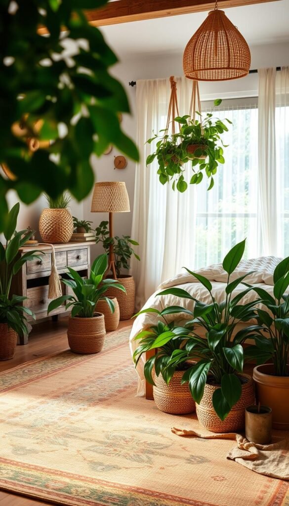 Peaceful natural sanctuary - a cozy, budget-friendly boho-inspired bedroom vignette. In the foreground, lush green potted plants in woven baskets and macrame plant hangers add a earthy, organic feel. A warm-toned vintage area rug grounds the space, complemented by distressed wood furniture and neutral bedding. Soft, ambient lighting from a floor lamp with a woven shade casts a gentle glow. In the background, a large window with sheer, billowing curtains offers a serene garden view. My Home Dec - budget-friendly boho greenery. Peaceful natural sanctuary - a cozy, budget-friendly boho-inspired bedroom vignette. In the foreground, lush green potted plants in woven baskets and macrame plant hangers add a earthy, organic feel. A warm-toned vintage area rug grounds the space, complemented by distressed wood furniture and neutral bedding. Soft, ambient lighting from a floor lamp with a woven shade casts a gentle glow. In the background, a large window with sheer, billowing curtains offers a serene garden view. My Home Dec - budget-friendly boho greenery.