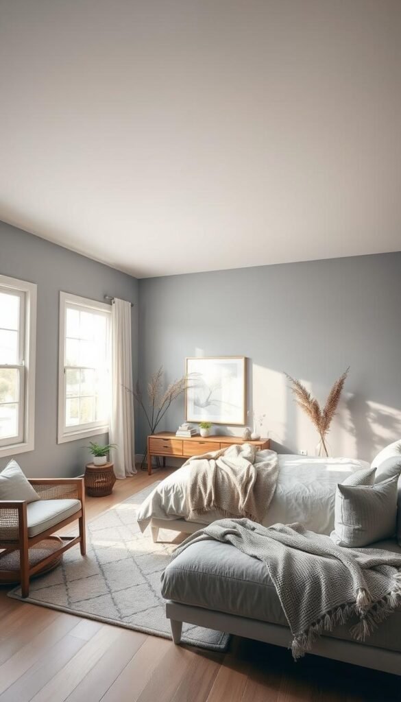 Peaceful wall paint for master bedroom, a serene and calming atmosphere. Soft, muted tones of blue-gray gently envelope the space, creating a tranquil ambiance. Subtle textures and natural light from large windows blend harmoniously, evoking a sense of relaxation. The room is bathed in a warm, diffused glow, captured through a wide-angle lens. Furniture and decor are minimalist, allowing the paint to be the central focus. Artfully arranged plants and textiles add organic touches. This is the perfect "My Home Dec" palette to promote rest and rejuvenation in the master suite. Peaceful wall paint for master bedroom, a serene and calming atmosphere. Soft, muted tones of blue-gray gently envelope the space, creating a tranquil ambiance. Subtle textures and natural light from large windows blend harmoniously, evoking a sense of relaxation. The room is bathed in a warm, diffused glow, captured through a wide-angle lens. Furniture and decor are minimalist, allowing the paint to be the central focus. Artfully arranged plants and textiles add organic touches. This is the perfect "My Home Dec" palette to promote rest and rejuvenation in the master suite.