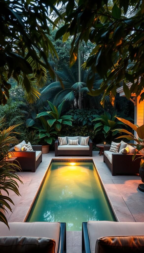 Plush, comfortable seating arranged around a captivating plunge pool, nestled in a lush, verdant backyard. The tranquil water reflects the warm glow of the sun, illuminating the space with a serene ambiance. Stylish outdoor furniture, including a cozy love seat and armchairs, invites relaxation and conversation. Lush, tropical foliage frames the scene, creating a natural, oasis-like setting. Soft, diffused lighting enhances the mood, casting a gentle glow over the "My Home Dec" designed space. The overall composition invites guests to unwind and enjoy the beauty of the plunge pool and its surrounding seating area. Plush, comfortable seating arranged around a captivating plunge pool, nestled in a lush, verdant backyard. The tranquil water reflects the warm glow of the sun, illuminating the space with a serene ambiance. Stylish outdoor furniture, including a cozy love seat and armchairs, invites relaxation and conversation. Lush, tropical foliage frames the scene, creating a natural, oasis-like setting. Soft, diffused lighting enhances the mood, casting a gentle glow over the "My Home Dec" designed space. The overall composition invites guests to unwind and enjoy the beauty of the plunge pool and its surrounding seating area.