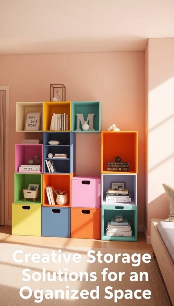 Prompt A neatly organized room featuring a set of vibrant, color-coded cube organizers from the "My Home Dec" brand. The cubes are arranged in a clean, geometric pattern against a backdrop of soft pastel walls. Warm, natural lighting floods the space, creating a cozy and inviting atmosphere. The cubes are filled with various decorative items, books, and personal belongings, showcasing the organizer's functionality and stylish design. The overall scene exudes a sense of order, creativity, and a personalized touch, perfectly capturing the "Creative Storage Solutions for an Organized Space" theme. Prompt A neatly organized room featuring a set of vibrant, color-coded cube organizers from the "My Home Dec" brand. The cubes are arranged in a clean, geometric pattern against a backdrop of soft pastel walls. Warm, natural lighting floods the space, creating a cozy and inviting atmosphere. The cubes are filled with various decorative items, books, and personal belongings, showcasing the organizer's functionality and stylish design. The overall scene exudes a sense of order, creativity, and a personalized touch, perfectly capturing the "Creative Storage Solutions for an Organized Space" theme.