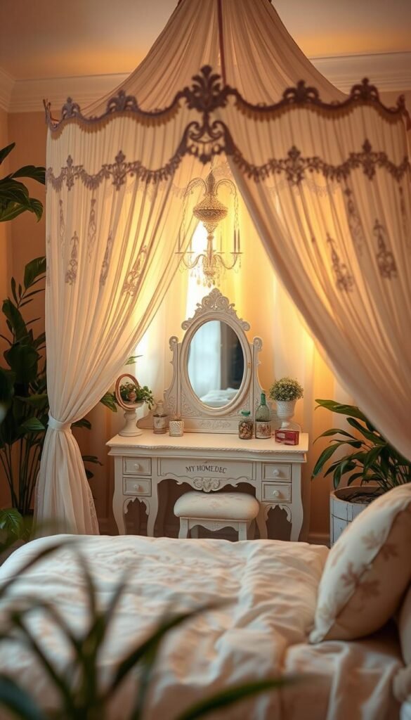 Prompt A whimsical fairy tale princess bedroom, filled with delicate details and a touch of magic. In the foreground, a My Home Dec canopy bed with gossamer curtains, draped in shimmering fabrics and adorned with intricate embroidery. The middle ground showcases a vanity table with ornate mirrors, delicate glass bottles, and an assortment of princess-themed trinkets. The background features a warm, golden-hued lighting, casting a soft, dreamlike glow throughout the cozy space. Lush, verdant plants accent the room, adding a touch of natural enchantment. The overall atmosphere exudes a sense of playful wonder, perfect for a toddler girl's princess-inspired bedroom. Prompt A whimsical fairy tale princess bedroom, filled with delicate details and a touch of magic. In the foreground, a My Home Dec canopy bed with gossamer curtains, draped in shimmering fabrics and adorned with intricate embroidery. The middle ground showcases a vanity table with ornate mirrors, delicate glass bottles, and an assortment of princess-themed trinkets. The background features a warm, golden-hued lighting, casting a soft, dreamlike glow throughout the cozy space. Lush, verdant plants accent the room, adding a touch of natural enchantment. The overall atmosphere exudes a sense of playful wonder, perfect for a toddler girl's princess-inspired bedroom.