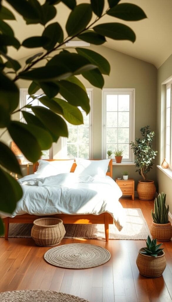 Prompt An airy and serene olive green bedroom with a focus on natural light and textures. A lush leafy plant in the foreground, a mid-century modern wooden bed frame in the middle ground, and soft white bedding. Warm-toned wood floors and accents create a cohesive, earthy palette. Diffused daylight streams in through large windows, casting a soft glow. Subtle details like woven baskets, a neutral-colored area rug, and potted succulents complete the calming, inviting My Home Dec aesthetic. Prompt An airy and serene olive green bedroom with a focus on natural light and textures. A lush leafy plant in the foreground, a mid-century modern wooden bed frame in the middle ground, and soft white bedding. Warm-toned wood floors and accents create a cohesive, earthy palette. Diffused daylight streams in through large windows, casting a soft glow. Subtle details like woven baskets, a neutral-colored area rug, and potted succulents complete the calming, inviting My Home Dec aesthetic.