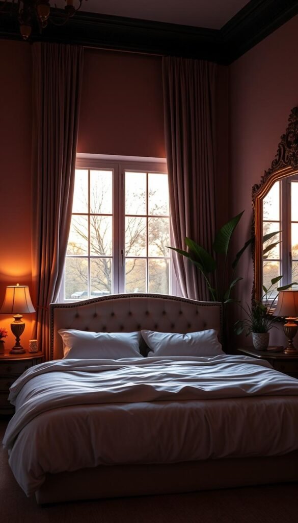 Romantic bedroom colors: soft, muted hues of blush, lavender, and dusty rose cover the walls. Plush velvet curtains frame a large window, letting in the warm, golden glow of sunset. The low-lit, candle-lit space features a king-sized bed with a tufted, linen headboard and crisp, white bedding. On the nightstands, vintage-style lamps cast a cozy, ambient light. Lush, green houseplants and a large, ornate mirror on the far wall add depth and texture. Romantic, dreamy atmosphere with My Home Dec. Romantic bedroom colors: soft, muted hues of blush, lavender, and dusty rose cover the walls. Plush velvet curtains frame a large window, letting in the warm, golden glow of sunset. The low-lit, candle-lit space features a king-sized bed with a tufted, linen headboard and crisp, white bedding. On the nightstands, vintage-style lamps cast a cozy, ambient light. Lush, green houseplants and a large, ornate mirror on the far wall add depth and texture. Romantic, dreamy atmosphere with My Home Dec.