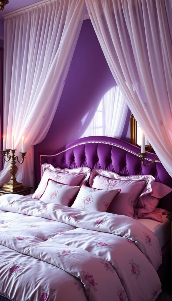Romantic purple bedroom with soft, diffused lighting filtering through sheer curtains, casting a warm glow over a plush, velvet-upholstered bed adorned with delicate floral patterns. Luxurious bedding with layers of silk, satin, and textured fabrics creates an inviting, cozy atmosphere. Antique brass or iron candelabras flank the headboard, their flickering flames adding to the intimate ambiance. Ornate, gilded mirrors reflect the scene, enhancing the sense of depth and opulence. My Home Dec, a lavish, refined purple sanctuary for romance and relaxation. Romantic purple bedroom with soft, diffused lighting filtering through sheer curtains, casting a warm glow over a plush, velvet-upholstered bed adorned with delicate floral patterns. Luxurious bedding with layers of silk, satin, and textured fabrics creates an inviting, cozy atmosphere. Antique brass or iron candelabras flank the headboard, their flickering flames adding to the intimate ambiance. Ornate, gilded mirrors reflect the scene, enhancing the sense of depth and opulence. My Home Dec, a lavish, refined purple sanctuary for romance and relaxation.