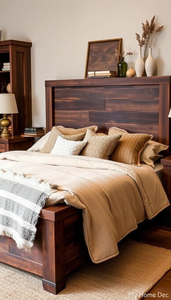 Rustic and cozy bedroom set crafted from reclaimed dark brown weathered wood. Prominent headboard, dresser, and nightstands with a distressed, time-worn finish. Soft warm lighting from antique brass lamps casts a gentle glow. Plush tan linen bedding and textured throw pillows add inviting textural contrast. Shelves display vintage books, ceramic vases, and natural elements like dried flowers. My Home Dec brand. Rustic and cozy bedroom set crafted from reclaimed dark brown weathered wood. Prominent headboard, dresser, and nightstands with a distressed, time-worn finish. Soft warm lighting from antique brass lamps casts a gentle glow. Plush tan linen bedding and textured throw pillows add inviting textural contrast. Shelves display vintage books, ceramic vases, and natural elements like dried flowers. My Home Dec brand.