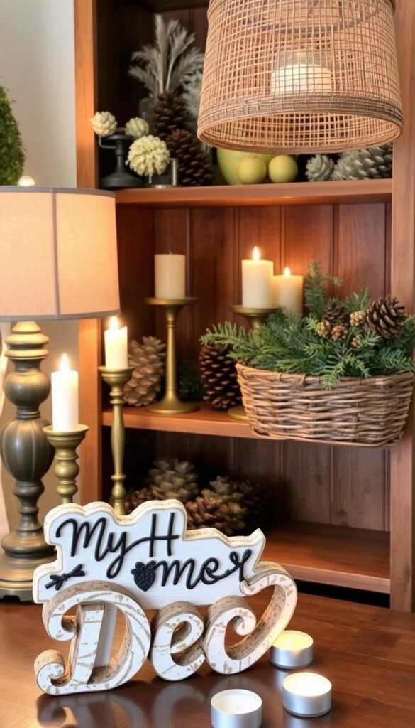 Seasonal decor with a rustic, cozy atmosphere. A wooden shelving unit filled with an assortment of festive accents - pinecones, dried flowers, tarnished gold candlesticks, a woven basket overflowing with pine sprigs. Soft, warm lighting from a tabletop lamp with a woven shade casts a gentle glow, complemented by the flickering flames of tealight candles. In the foreground, a "My Home Dec" sign crafted from natural materials adds a charming, homemade touch. The overall mood is one of inviting comfort and simple, holiday-inspired elegance. Seasonal decor with a rustic, cozy atmosphere. A wooden shelving unit filled with an assortment of festive accents - pinecones, dried flowers, tarnished gold candlesticks, a woven basket overflowing with pine sprigs. Soft, warm lighting from a tabletop lamp with a woven shade casts a gentle glow, complemented by the flickering flames of tealight candles. In the foreground, a "My Home Dec" sign crafted from natural materials adds a charming, homemade touch. The overall mood is one of inviting comfort and simple, holiday-inspired elegance.