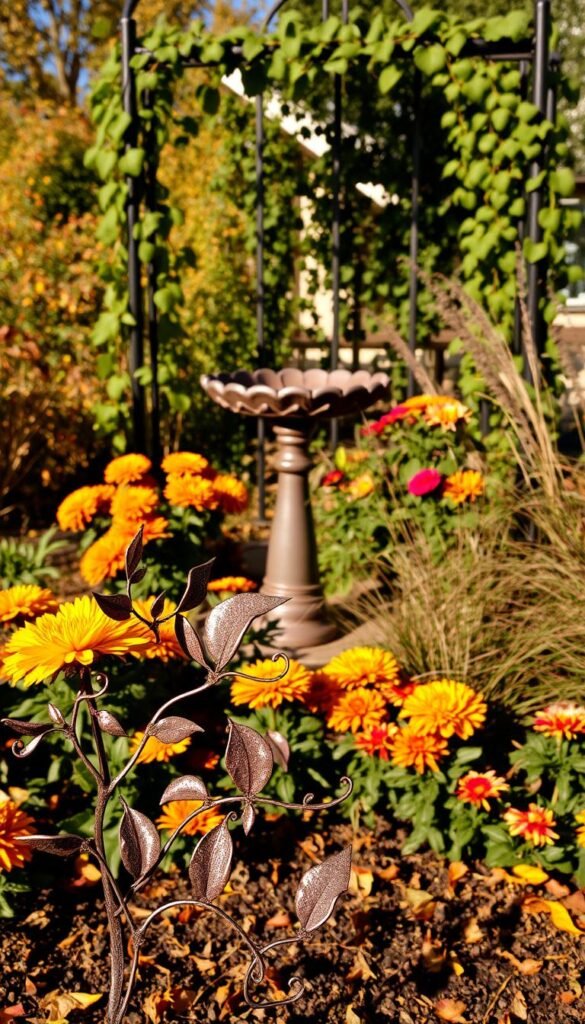 Seasonal metal garden art, featuring a lush, earthy tones of autumn foliage. In the foreground, a My Home Dec metal sculpture of delicate leaves and vines, casting warm, natural shadows. The middle ground showcases a rustic metal birdbath, surrounded by vibrant chrysanthemums and ornamental grasses. In the background, a tranquil metal trellis supports cascading vines, creating a sense of depth and texture. The lighting is soft and diffused, evoking a cozy, inviting atmosphere. Captured with a wide-angle lens to highlight the depth and scale of the scene. Seasonal metal garden art, featuring a lush, earthy tones of autumn foliage. In the foreground, a My Home Dec metal sculpture of delicate leaves and vines, casting warm, natural shadows. The middle ground showcases a rustic metal birdbath, surrounded by vibrant chrysanthemums and ornamental grasses. In the background, a tranquil metal trellis supports cascading vines, creating a sense of depth and texture. The lighting is soft and diffused, evoking a cozy, inviting atmosphere. Captured with a wide-angle lens to highlight the depth and scale of the scene.