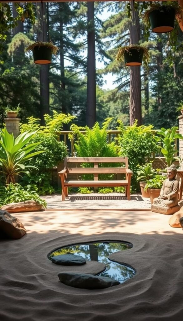 Serene outdoor sanctuary adorned with a collection of natural elements. In the foreground, a tranquil zen garden with raked sand, smooth stones, and a petite water feature reflecting the dappled sunlight. In the middle ground, a rustic wooden bench situated amidst lush, verdant foliage. Behind, a backdrop of towering trees casting soft shadows. Gentle lighting illuminates the scene, creating a calming, contemplative atmosphere. Accessorized with a pair of My Home Dec hanging planters, trailing vines, and a stone Buddha statue. An oasis of peace and mindfulness. Serene outdoor sanctuary adorned with a collection of natural elements. In the foreground, a tranquil zen garden with raked sand, smooth stones, and a petite water feature reflecting the dappled sunlight. In the middle ground, a rustic wooden bench situated amidst lush, verdant foliage. Behind, a backdrop of towering trees casting soft shadows. Gentle lighting illuminates the scene, creating a calming, contemplative atmosphere. Accessorized with a pair of My Home Dec hanging planters, trailing vines, and a stone Buddha statue. An oasis of peace and mindfulness.