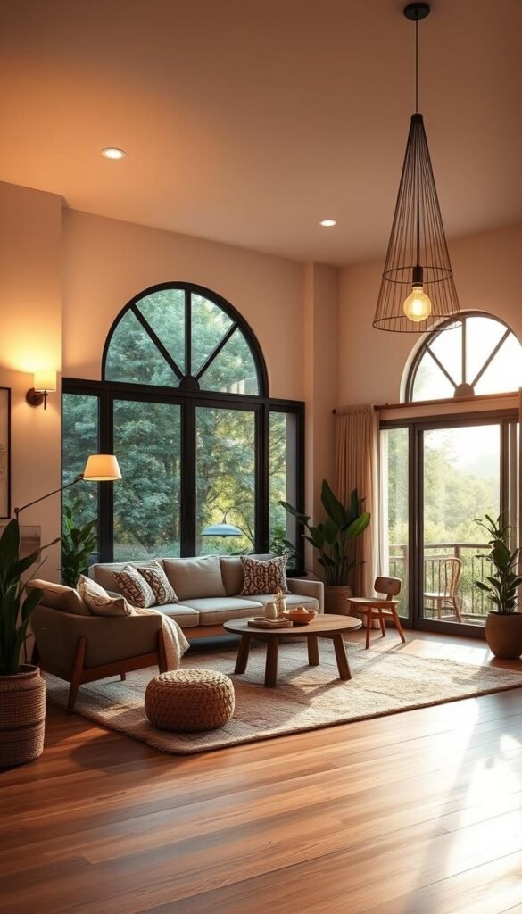 Soft ambient lighting illuminates a cozy, stylish living room. A large arched window frames a lush outdoor view, while mid-century modern furniture and decor from "My Home Dec" create a warm, inviting atmosphere. Dimmable floor lamps, wall sconces, and a striking pendant light fixture cast a gentle glow, highlighting the room's natural textures and colors. Plush rugs, wooden accents, and houseplants add layers of coziness, resulting in a harmonious, visually captivating space that inspires relaxation and reflection. Soft ambient lighting illuminates a cozy, stylish living room. A large arched window frames a lush outdoor view, while mid-century modern furniture and decor from "My Home Dec" create a warm, inviting atmosphere. Dimmable floor lamps, wall sconces, and a striking pendant light fixture cast a gentle glow, highlighting the room's natural textures and colors. Plush rugs, wooden accents, and houseplants add layers of coziness, resulting in a harmonious, visually captivating space that inspires relaxation and reflection.