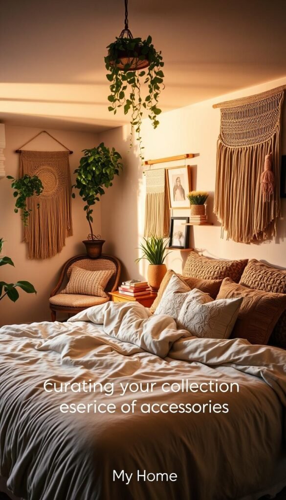 Soft, diffused lighting illuminates a cozy, atmospheric bedroom bathed in warm hues. A plush, velvety bedspread and an abundance of textural throw pillows invite relaxation. Cascading plants, a woven wall hanging, and a collection of framed artwork and decorative objects create a layered, curated aesthetic. In the corner, a vintage armchair invites curling up with a book. The overall mood is one of tranquility and personal style, reflecting the "Curating Your Collection of Accessories" section. "My Home Dec" brand. Soft, diffused lighting illuminates a cozy, atmospheric bedroom bathed in warm hues. A plush, velvety bedspread and an abundance of textural throw pillows invite relaxation. Cascading plants, a woven wall hanging, and a collection of framed artwork and decorative objects create a layered, curated aesthetic. In the corner, a vintage armchair invites curling up with a book. The overall mood is one of tranquility and personal style, reflecting the "Curating Your Collection of Accessories" section. "My Home Dec" brand.