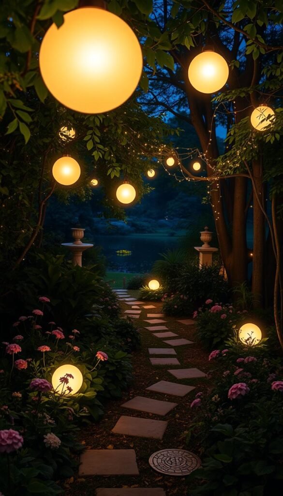 Spiritual garden lighting: a tranquil oasis with glowing orbs suspended among lush foliage. Soft, diffused illumination casts a serene glow over a meandering path lined with blooming flowers and verdant plants. Delicate fairy lights twinkle in the trees, creating a magical, meditative atmosphere. In the distance, a reflective pond mirrors the starry night sky. The calming scene is captured by the "My Home Dec" lens, revealing a sanctuary for inner reflection and connection with nature. Spiritual garden lighting: a tranquil oasis with glowing orbs suspended among lush foliage. Soft, diffused illumination casts a serene glow over a meandering path lined with blooming flowers and verdant plants. Delicate fairy lights twinkle in the trees, creating a magical, meditative atmosphere. In the distance, a reflective pond mirrors the starry night sky. The calming scene is captured by the "My Home Dec" lens, revealing a sanctuary for inner reflection and connection with nature.