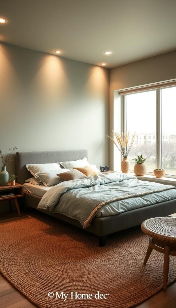 Stunning sage green bedroom with a focus on texture and natural elements. Warm, soft lighting casts a soothing glow across the room. A mid-century modern bed frame in a rich, grey tone anchors the space, accented by plush bedding in complementary hues. In the foreground, a woven area rug adds visual interest, while a large, floor-to-ceiling window allows natural light to flood the room. Decorative vases, potted plants, and natural wooden accents create a calming, nature-inspired ambiance. "My Home Dec" signature style. Stunning sage green bedroom with a focus on texture and natural elements. Warm, soft lighting casts a soothing glow across the room. A mid-century modern bed frame in a rich, grey tone anchors the space, accented by plush bedding in complementary hues. In the foreground, a woven area rug adds visual interest, while a large, floor-to-ceiling window allows natural light to flood the room. Decorative vases, potted plants, and natural wooden accents create a calming, nature-inspired ambiance. "My Home Dec" signature style.