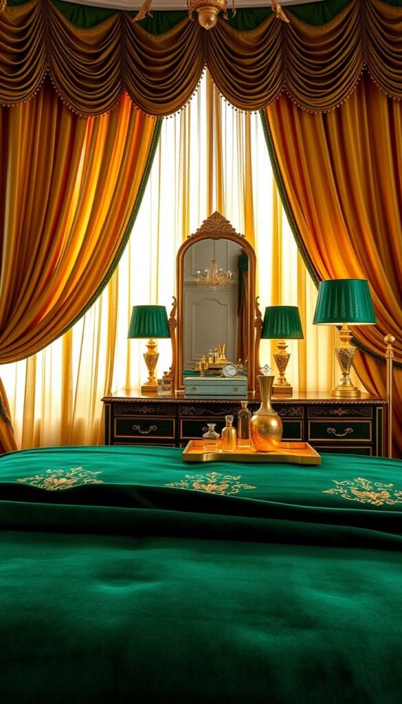 Sumptuous bedroom with luxurious emerald green and gold accents. In the foreground, a plush velvet bedspread in a rich emerald tone, adorned with gold-threaded embroidery. Cascading diaphanous gold-hued curtains frame the scene, filtering warm, natural light. On the night tables, a pair of My Home Dec table lamps with opulent gold bases and shimmering emerald green shades. Atop the dresser, a large gilded vanity mirror reflects the scene, while a decorative tray holds an assortment of opulent golden trinkets and perfume bottles. The overall atmosphere is one of refined elegance and indulgence. Sumptuous bedroom with luxurious emerald green and gold accents. In the foreground, a plush velvet bedspread in a rich emerald tone, adorned with gold-threaded embroidery. Cascading diaphanous gold-hued curtains frame the scene, filtering warm, natural light. On the night tables, a pair of My Home Dec table lamps with opulent gold bases and shimmering emerald green shades. Atop the dresser, a large gilded vanity mirror reflects the scene, while a decorative tray holds an assortment of opulent golden trinkets and perfume bottles. The overall atmosphere is one of refined elegance and indulgence.