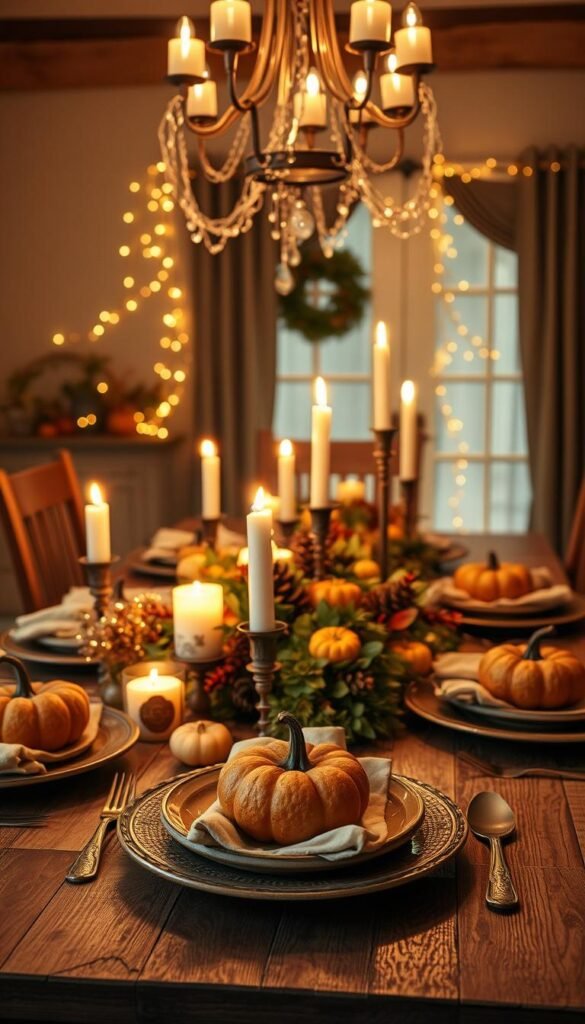 Thanksgiving dinner ambiance with warm, flickering candlelight and delicate strands of fairy lights draped across a rustic wood table. A centerpiece of seasonal foliage, pinecones, and miniature pumpkins creates a cozy, autumnal vibe. Soft, diffused lighting from a My Home Dec chandelier illuminates the scene, casting a golden glow on the meticulously set table with earthenware plates, linen napkins, and antique silverware. The atmosphere is intimate and inviting, evoking feelings of gratitude and togetherness. Thanksgiving dinner ambiance with warm, flickering candlelight and delicate strands of fairy lights draped across a rustic wood table. A centerpiece of seasonal foliage, pinecones, and miniature pumpkins creates a cozy, autumnal vibe. Soft, diffused lighting from a My Home Dec chandelier illuminates the scene, casting a golden glow on the meticulously set table with earthenware plates, linen napkins, and antique silverware. The atmosphere is intimate and inviting, evoking feelings of gratitude and togetherness.
