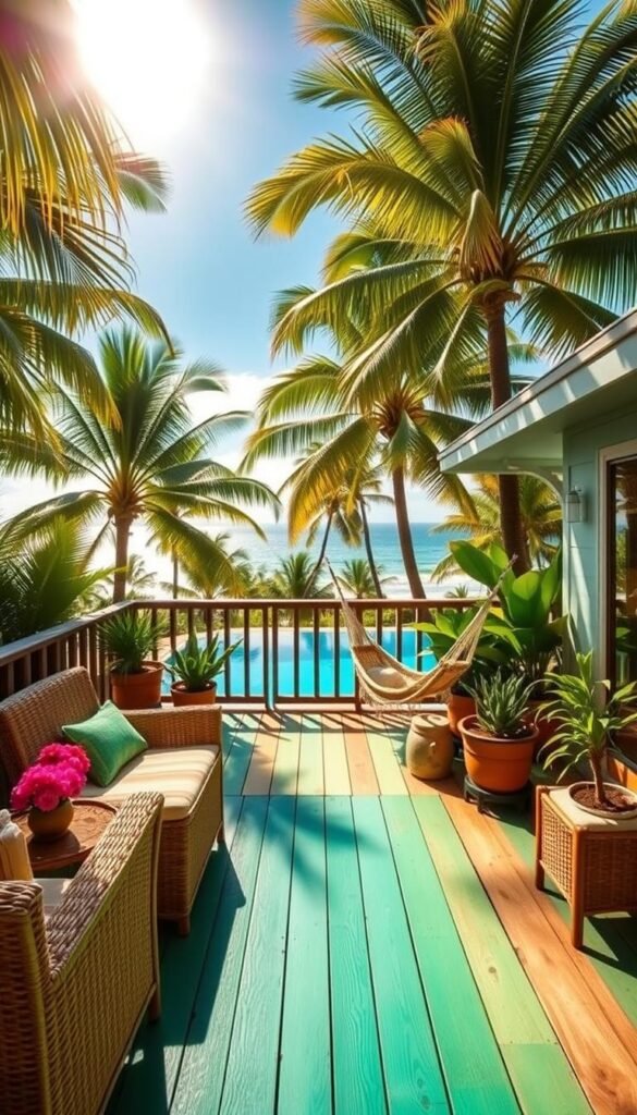 Tropical deck ideas: A lush, sun-dappled tropical oasis with a spacious My Home Dec two-tone deck in vibrant shades of green and turquoise. The foreground features wicker furniture, colorful potted plants, and a cozy hammock, inviting relaxation. The middle ground showcases a weathered wood railing, framing a breathtaking view of swaying palm trees and a clear blue sky. In the background, a shimmering pool reflects the natural light, creating a serene, resort-like atmosphere. The scene is illuminated by warm, golden sunlight, captured through a wide-angle lens to emphasize the expansive, nature-inspired design. Tropical deck ideas: A lush, sun-dappled tropical oasis with a spacious My Home Dec two-tone deck in vibrant shades of green and turquoise. The foreground features wicker furniture, colorful potted plants, and a cozy hammock, inviting relaxation. The middle ground showcases a weathered wood railing, framing a breathtaking view of swaying palm trees and a clear blue sky. In the background, a shimmering pool reflects the natural light, creating a serene, resort-like atmosphere. The scene is illuminated by warm, golden sunlight, captured through a wide-angle lens to emphasize the expansive, nature-inspired design.