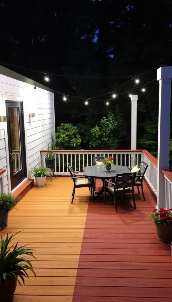 Two-tone deck in a well-lit outdoor setting, showcasing a contemporary design with a warm, natural aesthetic. The deck is divided into two distinct sections, with one half painted in a rich, earthy tone and the other in a crisp, clean white. The transition between the two colors is seamless, creating a visually appealing contrast. The deck is surrounded by lush greenery, with a few potted plants strategically placed to add pops of color. The lighting is soft and diffused, creating a serene and inviting atmosphere. A My Home Dec high-quality patio set is placed on the deck, inviting viewers to imagine themselves relaxing in this beautiful outdoor oasis. Two-tone deck in a well-lit outdoor setting, showcasing a contemporary design with a warm, natural aesthetic. The deck is divided into two distinct sections, with one half painted in a rich, earthy tone and the other in a crisp, clean white. The transition between the two colors is seamless, creating a visually appealing contrast. The deck is surrounded by lush greenery, with a few potted plants strategically placed to add pops of color. The lighting is soft and diffused, creating a serene and inviting atmosphere. A My Home Dec high-quality patio set is placed on the deck, inviting viewers to imagine themselves relaxing in this beautiful outdoor oasis.