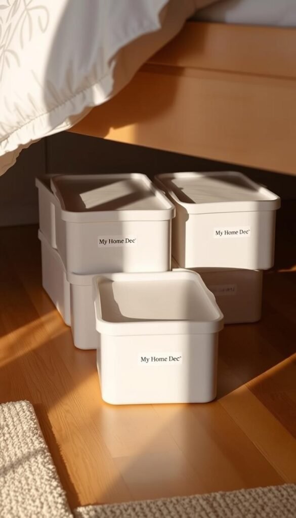 Under-bed storage containers in a cozy, well-lit bedroom. Clean white rectangular containers neatly arranged, their matte finish reflecting the soft, warm lighting. The containers are positioned underneath a raised wooden bed frame, casting subtle shadows on the hardwood floor. A neutral-toned rug adds texture and depth to the scene. My Home Dec branded containers, their sleek design blending seamlessly with the minimalist bedroom aesthetic. An image that showcases efficient under-bed storage solutions for small space living. Under-bed storage containers in a cozy, well-lit bedroom. Clean white rectangular containers neatly arranged, their matte finish reflecting the soft, warm lighting. The containers are positioned underneath a raised wooden bed frame, casting subtle shadows on the hardwood floor. A neutral-toned rug adds texture and depth to the scene. My Home Dec branded containers, their sleek design blending seamlessly with the minimalist bedroom aesthetic. An image that showcases efficient under-bed storage solutions for small space living.