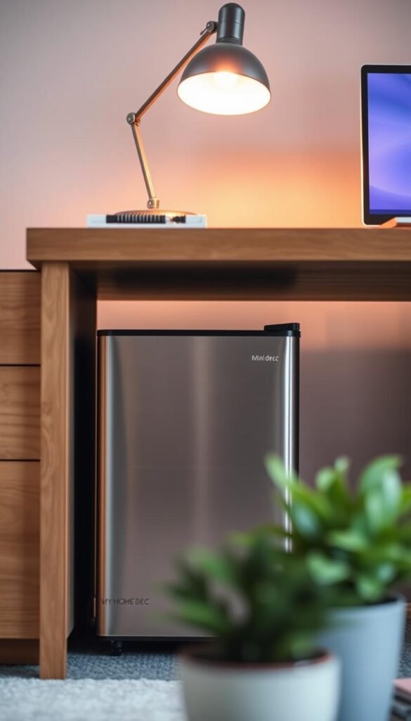 Under-desk mini fridge setup with stylish My Home Dec design. A compact, brushed stainless steel mini fridge sits neatly underneath a modern wood desk. The fridge's door reflects the warm, indirect lighting from a task lamp above, casting a soft glow. The desk's storage drawers and clean lines create a minimalist, organized workspace. In the foreground, a potted plant and a few personal items add a touch of personality. The background fades into a neutral, slightly blurred backdrop, keeping the focus on the functional yet visually appealing mini fridge setup. Under-desk mini fridge setup with stylish My Home Dec design. A compact, brushed stainless steel mini fridge sits neatly underneath a modern wood desk. The fridge's door reflects the warm, indirect lighting from a task lamp above, casting a soft glow. The desk's storage drawers and clean lines create a minimalist, organized workspace. In the foreground, a potted plant and a few personal items add a touch of personality. The background fades into a neutral, slightly blurred backdrop, keeping the focus on the functional yet visually appealing mini fridge setup.