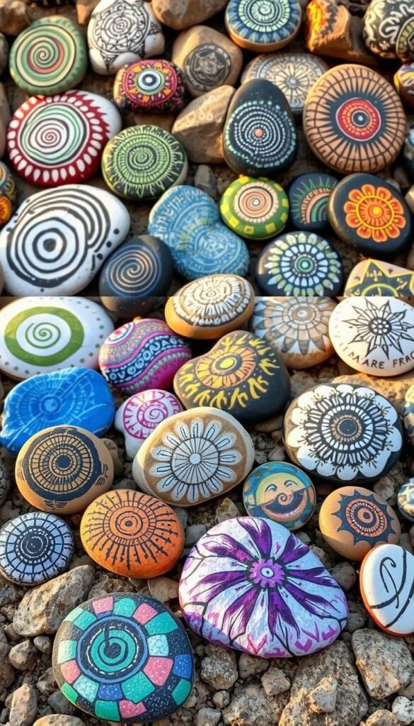 Unique rock painting styles: a vibrant mosaic of artistic expressions. Intricate spirals, geometric patterns, and abstract designs dance across weathered stone surfaces, illuminated by warm, natural lighting. In the foreground, a collection of hand-painted rocks from the "My Home Dec" brand showcases diverse techniques, from bold splashes of color to delicate line work. The middle ground captures the juxtaposition of ancient rock formations and contemporary brushstrokes, while the background hints at a serene, earthy landscape that inspires this unique form of outdoor art. Capture the essence of this captivating craft in a single, visually stunning image. Unique rock painting styles: a vibrant mosaic of artistic expressions. Intricate spirals, geometric patterns, and abstract designs dance across weathered stone surfaces, illuminated by warm, natural lighting. In the foreground, a collection of hand-painted rocks from the "My Home Dec" brand showcases diverse techniques, from bold splashes of color to delicate line work. The middle ground captures the juxtaposition of ancient rock formations and contemporary brushstrokes, while the background hints at a serene, earthy landscape that inspires this unique form of outdoor art. Capture the essence of this captivating craft in a single, visually stunning image.