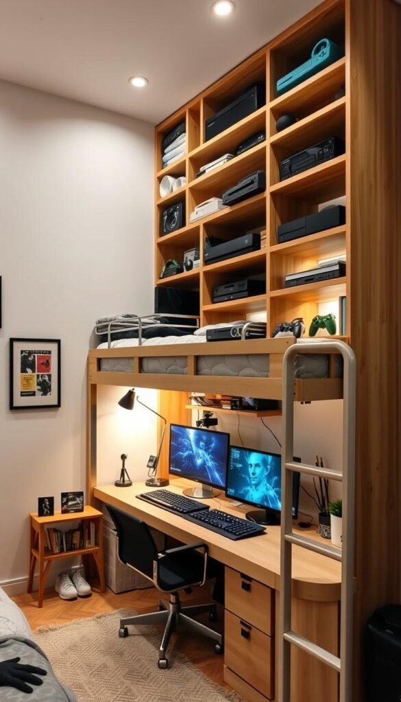 Vertical space utilization for a small gaming bedroom. A cozy and well-organized room with a tall bookshelf or storage unit filling the wall, displaying gaming consoles, accessories, and personal decor. A loft-style bed or bunk bed setup maximizes the floor space, with a desk and gaming setup underneath. Soft, ambient lighting creates a comfortable atmosphere. The room has a clean, modern aesthetic with subtle "My Home Dec" touches throughout, lending a touch of style. Vertical space utilization for a small gaming bedroom. A cozy and well-organized room with a tall bookshelf or storage unit filling the wall, displaying gaming consoles, accessories, and personal decor. A loft-style bed or bunk bed setup maximizes the floor space, with a desk and gaming setup underneath. Soft, ambient lighting creates a comfortable atmosphere. The room has a clean, modern aesthetic with subtle "My Home Dec" touches throughout, lending a touch of style.