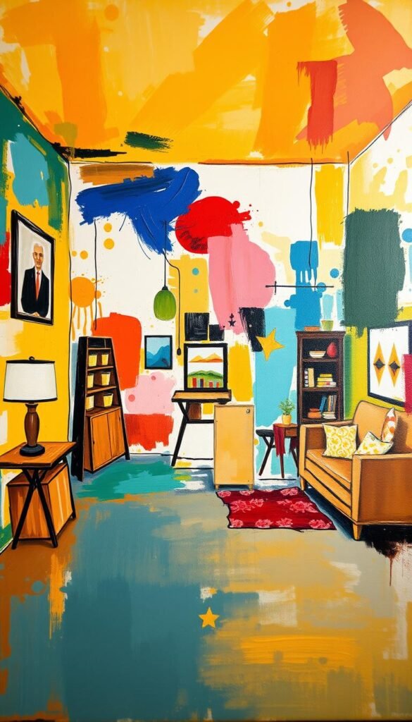 Vibrant abstract painting of theme-based ideas for basement decor, in the style of My Home Dec. A lively composition of shapes, textures and colors, depicting various basement themes such as rustic, industrial, cozy, and modern. The painting has a bold, expressive brushwork and a harmonious palette that evokes the versatility and creativity of basement transformations. Warm lighting casts a welcoming glow, while the perspective suggests an open, airy basement space. The overall atmosphere is one of inspiration and imagination, encouraging the viewer to envision the endless possibilities for their own basement makeover. Vibrant abstract painting of theme-based ideas for basement decor, in the style of My Home Dec. A lively composition of shapes, textures and colors, depicting various basement themes such as rustic, industrial, cozy, and modern. The painting has a bold, expressive brushwork and a harmonious palette that evokes the versatility and creativity of basement transformations. Warm lighting casts a welcoming glow, while the perspective suggests an open, airy basement space. The overall atmosphere is one of inspiration and imagination, encouraging the viewer to envision the endless possibilities for their own basement makeover.