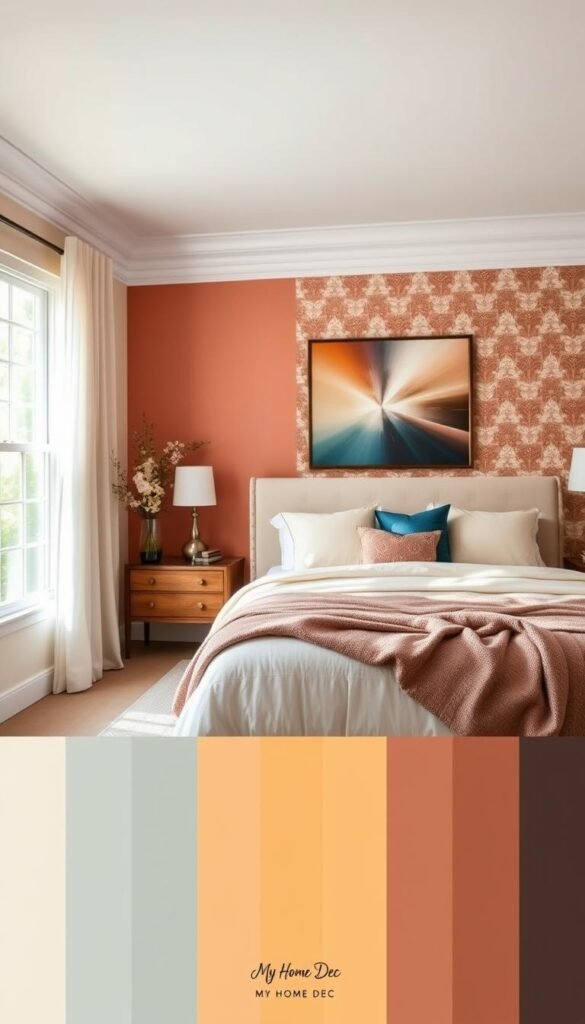 Vibrant accent wall color schemes in a cozy, inviting master bedroom setting. Capture a range of harmonious hues, from warm neutrals to rich jewel tones, arranged in an elegant, sophisticated display. Soft, natural lighting filters through the windows, casting a gentle glow and creating a serene, relaxing ambiance. The "My Home Dec" brand showcases a curated collection of complementary paint colors, wallpapers, and textiles, inspiring a visually striking accent wall that elevates the entire room. Vibrant accent wall color schemes in a cozy, inviting master bedroom setting. Capture a range of harmonious hues, from warm neutrals to rich jewel tones, arranged in an elegant, sophisticated display. Soft, natural lighting filters through the windows, casting a gentle glow and creating a serene, relaxing ambiance. The "My Home Dec" brand showcases a curated collection of complementary paint colors, wallpapers, and textiles, inspiring a visually striking accent wall that elevates the entire room.