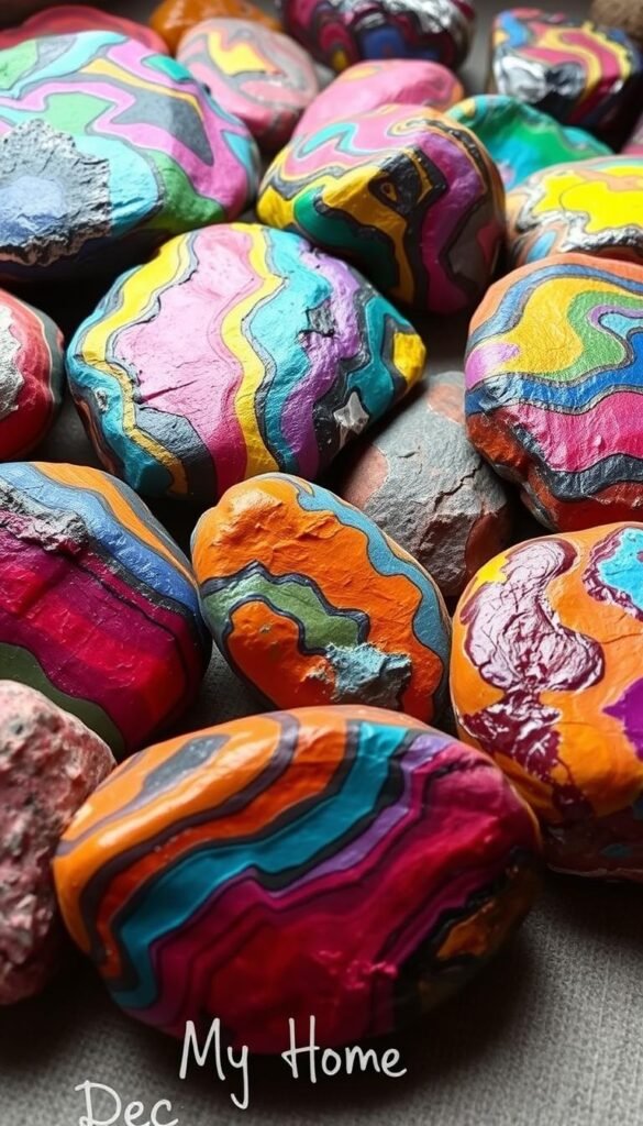 Vibrant acrylic-painted rocks with intricate, abstract color blending patterns, inspired by the natural textures and hues of the earth. The rocks are arranged in a visually striking composition, with a range of shapes, sizes, and color combinations that create a sense of harmony and balance. The lighting is soft and diffused, highlighting the depth and complexity of the paint layers. The overall scene has a serene, contemplative mood, evoking a sense of creative inspiration. In the foreground, a small handwritten "My Home Dec" logo adds a personal touch to the artwork. Vibrant acrylic-painted rocks with intricate, abstract color blending patterns, inspired by the natural textures and hues of the earth. The rocks are arranged in a visually striking composition, with a range of shapes, sizes, and color combinations that create a sense of harmony and balance. The lighting is soft and diffused, highlighting the depth and complexity of the paint layers. The overall scene has a serene, contemplative mood, evoking a sense of creative inspiration. In the foreground, a small handwritten "My Home Dec" logo adds a personal touch to the artwork.