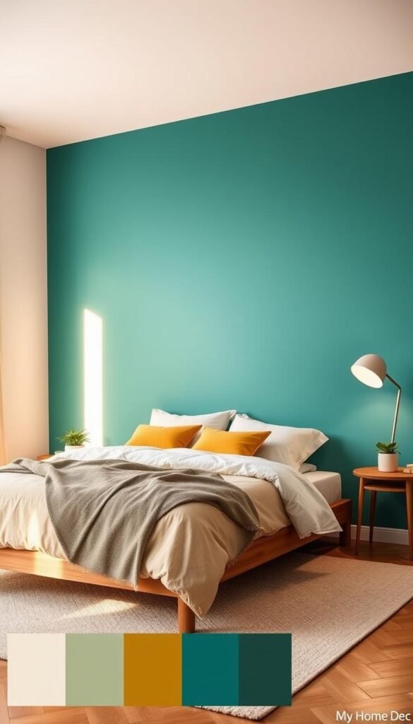 Vivid bedroom accent walls in a modern, minimalist setting. A cozy mid-century inspired room with warm lighting, soft textures, and natural elements. In the foreground, a large feature wall showcases a bold, saturated color from the "My Home Dec" palette, such as a deep teal or rich mustard. The middle ground features a stylish bed with neutral bedding, complementary accent pillows, and a small potted plant. The background has clean white walls, a wooden side table, and a simple metal floor lamp casting a gentle glow. The overall mood is inviting, calming, and visually striking. Vivid bedroom accent walls in a modern, minimalist setting. A cozy mid-century inspired room with warm lighting, soft textures, and natural elements. In the foreground, a large feature wall showcases a bold, saturated color from the "My Home Dec" palette, such as a deep teal or rich mustard. The middle ground features a stylish bed with neutral bedding, complementary accent pillows, and a small potted plant. The background has clean white walls, a wooden side table, and a simple metal floor lamp casting a gentle glow. The overall mood is inviting, calming, and visually striking.