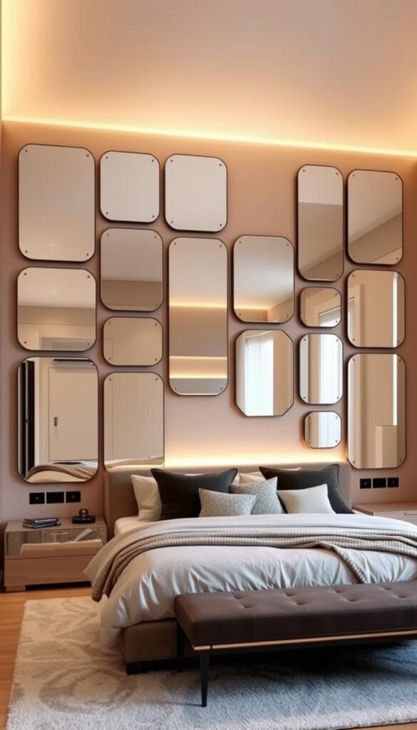 Warm, cozy master bedroom with an accent wall featuring a striking arrangement of large, frameless mirrors in various shapes and sizes, creating a captivating focal point. The mirrors are arranged in a visually appealing asymmetric pattern, reflecting the soft, diffused lighting and creating an illusion of depth and spaciousness. Subtle lighting accents highlight the mirrored surfaces, adding a touch of glamour and sophistication. The overall atmosphere is serene and inviting, perfect for a relaxing retreat. Designed by My Home Dec. Warm, cozy master bedroom with an accent wall featuring a striking arrangement of large, frameless mirrors in various shapes and sizes, creating a captivating focal point. The mirrors are arranged in a visually appealing asymmetric pattern, reflecting the soft, diffused lighting and creating an illusion of depth and spaciousness. Subtle lighting accents highlight the mirrored surfaces, adding a touch of glamour and sophistication. The overall atmosphere is serene and inviting, perfect for a relaxing retreat. Designed by My Home Dec.