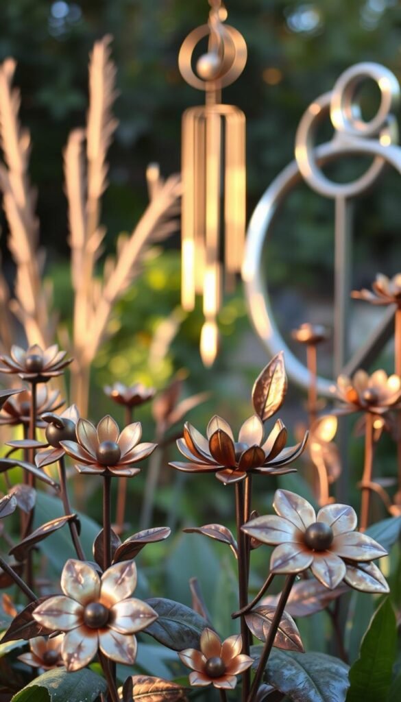 Whimsical metal garden decorations - a delightful array of intricate, hand-crafted sculptures in a warm, earthy palette. In the foreground, a cluster of playful, whimsical flowers and leaves in polished bronze and copper. Midground, a graceful, kinetic wind chime with soothing, melodic tones, casting dancing shadows. In the background, a trio of abstract, geometric shapes in gleaming steel, catching the soft, golden light. The entire scene exudes a sense of wonder and enchantment, inviting the viewer to step into a world of "My Home Dec" - a delightful, harmonious blend of nature and industrial chic. Whimsical metal garden decorations - a delightful array of intricate, hand-crafted sculptures in a warm, earthy palette. In the foreground, a cluster of playful, whimsical flowers and leaves in polished bronze and copper. Midground, a graceful, kinetic wind chime with soothing, melodic tones, casting dancing shadows. In the background, a trio of abstract, geometric shapes in gleaming steel, catching the soft, golden light. The entire scene exudes a sense of wonder and enchantment, inviting the viewer to step into a world of "My Home Dec" - a delightful, harmonious blend of nature and industrial chic.