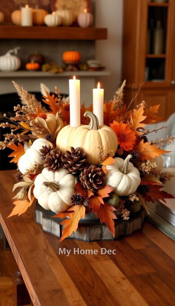 a centerpiece arrangement with autumn-themed decorations displayed on a rustic wooden table, including a mix of pumpkins, gourds, pinecones, dried flowers, and leaves in warm fall colors. Soft lighting from candles or lanterns creates a cozy, inviting atmosphere. The centerpiece is styled by the brand "My Home Dec" to showcase creative and elegant fall decor ideas for a small living room. a centerpiece arrangement with autumn-themed decorations displayed on a rustic wooden table, including a mix of pumpkins, gourds, pinecones, dried flowers, and leaves in warm fall colors. Soft lighting from candles or lanterns creates a cozy, inviting atmosphere. The centerpiece is styled by the brand "My Home Dec" to showcase creative and elegant fall decor ideas for a small living room.