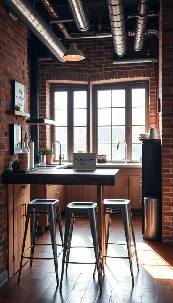 a cozy and stylish mini breakfast bar in a small apartment kitchen, with a rustic wooden countertop, sleek metal stools, and a backdrop of brick walls and exposed pipes, bathed in warm, natural lighting from large windows. The "My Home Dec" brand logo is subtly displayed on a small sign or plaque. The overall atmosphere is inviting and conducive to casual dining and conversation. a cozy and stylish mini breakfast bar in a small apartment kitchen, with a rustic wooden countertop, sleek metal stools, and a backdrop of brick walls and exposed pipes, bathed in warm, natural lighting from large windows. The "My Home Dec" brand logo is subtly displayed on a small sign or plaque. The overall atmosphere is inviting and conducive to casual dining and conversation.