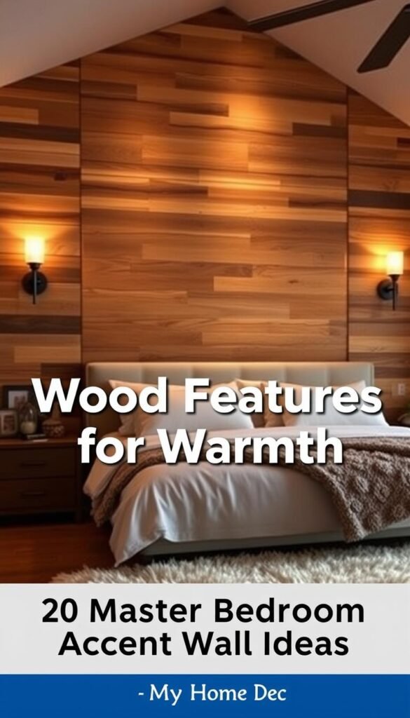 a cozy, inviting master bedroom with a warm, wood-paneled accent wall in the background, showcasing a variety of wood textures and grains. The wall is illuminated by soft, diffused lighting from sconces on either side, casting a gentle glow and creating a serene, relaxing atmosphere. In the foreground, a nightstand with a decorative lamp and a few carefully curated knick-knacks sit atop a plush, neutral-toned rug. The overall scene is a harmonious blend of natural elements and modern design, reflecting the "Wood Features for Warmth" theme. This image is for an article by "My Home Dec" on 20 Master Bedroom Accent Wall Ideas. a cozy, inviting master bedroom with a warm, wood-paneled accent wall in the background, showcasing a variety of wood textures and grains. The wall is illuminated by soft, diffused lighting from sconces on either side, casting a gentle glow and creating a serene, relaxing atmosphere. In the foreground, a nightstand with a decorative lamp and a few carefully curated knick-knacks sit atop a plush, neutral-toned rug. The overall scene is a harmonious blend of natural elements and modern design, reflecting the "Wood Features for Warmth" theme. This image is for an article by "My Home Dec" on 20 Master Bedroom Accent Wall Ideas.