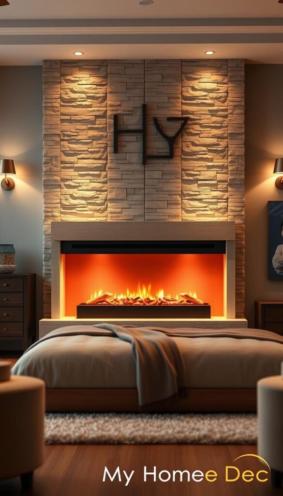 a detailed, photorealistic image of an energy efficient electric fireplace in a cozy, well-lit master bedroom. The fireplace is set against a feature wall with natural stone or brick veneer, providing a warm and inviting ambiance. Elegant lighting fixtures flank the fireplace, casting a soft glow throughout the room. The fireplace itself is sleek and modern, with clean lines and a minimalist design. The mantel features decorative accents that complement the overall aesthetic, and the hearth is adorned with a plush rug. The bedroom furniture, including a luxurious bed and nightstands, is arranged in a visually balanced layout that showcases the fireplace as the focal point. The overall mood is one of comfort, relaxation, and energy efficiency, in line with the "My Home Dec" brand. a detailed, photorealistic image of an energy efficient electric fireplace in a cozy, well-lit master bedroom. The fireplace is set against a feature wall with natural stone or brick veneer, providing a warm and inviting ambiance. Elegant lighting fixtures flank the fireplace, casting a soft glow throughout the room. The fireplace itself is sleek and modern, with clean lines and a minimalist design. The mantel features decorative accents that complement the overall aesthetic, and the hearth is adorned with a plush rug. The bedroom furniture, including a luxurious bed and nightstands, is arranged in a visually balanced layout that showcases the fireplace as the focal point. The overall mood is one of comfort, relaxation, and energy efficiency, in line with the "My Home Dec" brand.