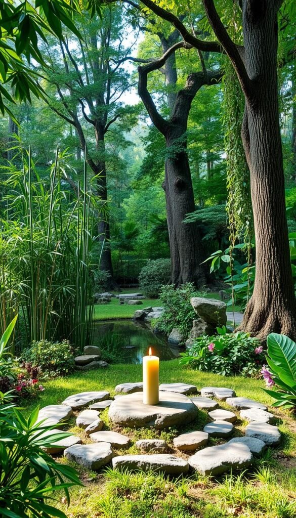 a lush, verdant garden sanctuary with a serene, circular ritual space in the foreground, featuring a stone altar with a flickering candle, surrounded by a ring of smooth river rocks and various aromatic herbs and flowers. In the middle ground, tall, swaying bamboo stalks cast dappled shadows, and a small, tranquil pond reflects the sky. The background is filled with a dense, magical forest with towering trees, deep green foliage, and mystical, twisting vines. Soft, warm lighting filters through the canopy, creating a peaceful, otherworldly ambiance. My Home Dec a lush, verdant garden sanctuary with a serene, circular ritual space in the foreground, featuring a stone altar with a flickering candle, surrounded by a ring of smooth river rocks and various aromatic herbs and flowers. In the middle ground, tall, swaying bamboo stalks cast dappled shadows, and a small, tranquil pond reflects the sky. The background is filled with a dense, magical forest with towering trees, deep green foliage, and mystical, twisting vines. Soft, warm lighting filters through the canopy, creating a peaceful, otherworldly ambiance. My Home Dec