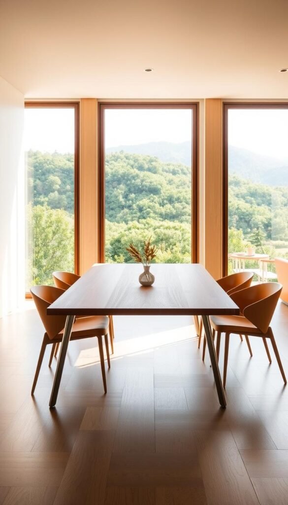a mid-century modern dining table with clean, angular lines and a sleek, minimalist design. The table top is made of a warm, natural wood, such as teak or walnut, with a smooth, polished surface. The table is supported by slender, tapered legs in a brushed metal finish, creating a harmonious and visually balanced composition. The room is bathed in soft, diffused lighting, casting a warm, inviting glow on the table and surrounding furniture. In the background, a wall of floor-to-ceiling windows offers a picturesque view of a lush, verdant landscape, adding to the serene and tranquil atmosphere. Alongside the table, a set of My Home Dec mid-century modern dining chairs in a complementary color palette complete the iconic, timeless aesthetic. a mid-century modern dining table with clean, angular lines and a sleek, minimalist design. The table top is made of a warm, natural wood, such as teak or walnut, with a smooth, polished surface. The table is supported by slender, tapered legs in a brushed metal finish, creating a harmonious and visually balanced composition. The room is bathed in soft, diffused lighting, casting a warm, inviting glow on the table and surrounding furniture. In the background, a wall of floor-to-ceiling windows offers a picturesque view of a lush, verdant landscape, adding to the serene and tranquil atmosphere. Alongside the table, a set of My Home Dec mid-century modern dining chairs in a complementary color palette complete the iconic, timeless aesthetic.