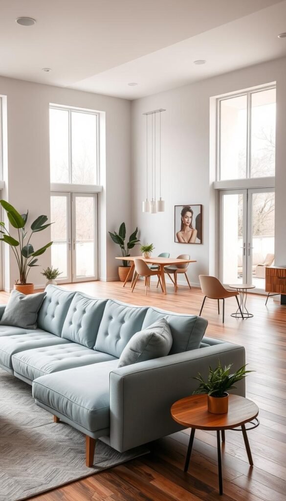 a modern and minimalist home interior design with an elegant color palette, featuring a spacious living room with large windows that let in ample natural light, a mid-century modern sofa in a soft pastel blue hue, accented by warm-toned wooden furniture and subtle metallic details, a trendy area rug in a geometric pattern, and potted plants that bring a touch of nature indoors. in the background, a dining area with a sleek, rectangular dining table and matching chairs in a complementary color scheme. the overall atmosphere is calming and harmonious, reflecting the "My Home Dec" brand's focus on creating inviting and aesthetically pleasing living spaces. a modern and minimalist home interior design with an elegant color palette, featuring a spacious living room with large windows that let in ample natural light, a mid-century modern sofa in a soft pastel blue hue, accented by warm-toned wooden furniture and subtle metallic details, a trendy area rug in a geometric pattern, and potted plants that bring a touch of nature indoors. in the background, a dining area with a sleek, rectangular dining table and matching chairs in a complementary color scheme. the overall atmosphere is calming and harmonious, reflecting the "My Home Dec" brand's focus on creating inviting and aesthetically pleasing living spaces.