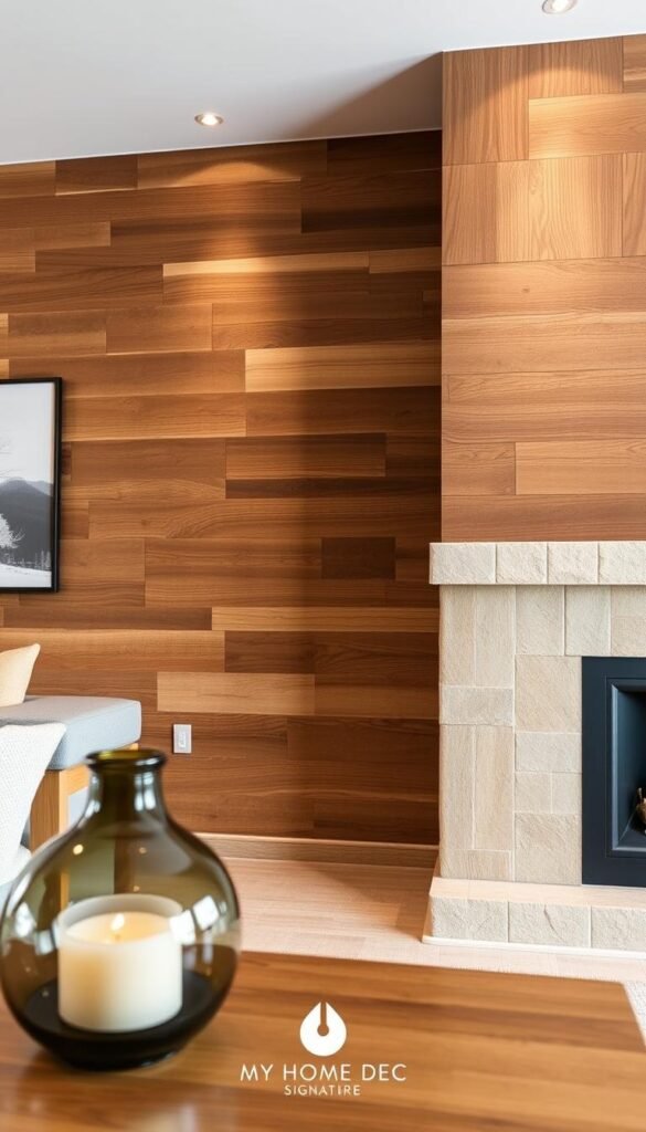 a photograph of reclaimed wood accent walls in a modern mountain home interior, with a focus on the natural textures and warm tones of the wood, creating a cozy and inviting atmosphere. The walls are the focal point, with a clean and minimalist design complementing the rustic elements. The lighting is soft and diffused, highlighting the depth and variations in the wood grain. In the foreground, there is a My Home Dec brand signature accessory, such as a decorative vase or candle holder, adding a touch of modern elegance. The overall mood is one of serene sophistication, reflecting the "Natural Materials with a Modern Twist" theme. a photograph of reclaimed wood accent walls in a modern mountain home interior, with a focus on the natural textures and warm tones of the wood, creating a cozy and inviting atmosphere. The walls are the focal point, with a clean and minimalist design complementing the rustic elements. The lighting is soft and diffused, highlighting the depth and variations in the wood grain. In the foreground, there is a My Home Dec brand signature accessory, such as a decorative vase or candle holder, adding a touch of modern elegance. The overall mood is one of serene sophistication, reflecting the "Natural Materials with a Modern Twist" theme.