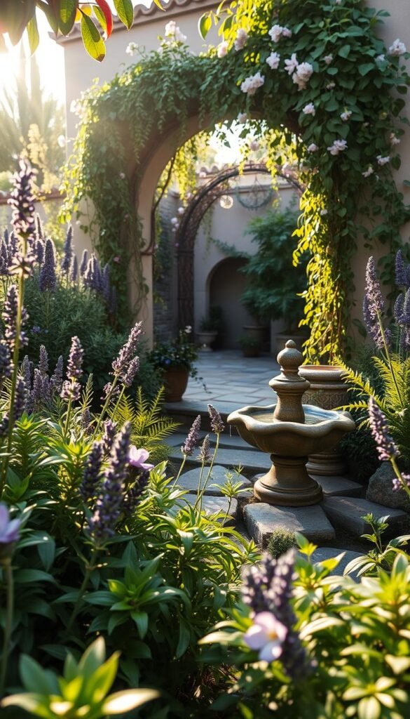 a serene spiritual garden filled with meaningful plants, bathed in warm natural light, photographed with a wide-angle lens. in the foreground, a vibrant assortment of lush, verdant botanicals including sage, lavender, rosemary, and ferns, their leaves and petals gently swaying. in the middle ground, a small stone fountain or birdbath, its gentle flowing water creating a soothing ambiance. in the background, an archway draped with trailing vines and flowering climbing plants, leading the eye into a peaceful, secluded sanctuary. the overall mood is one of tranquility, harmony, and a deep connection to the natural world. "My Home Dec" a serene spiritual garden filled with meaningful plants, bathed in warm natural light, photographed with a wide-angle lens. in the foreground, a vibrant assortment of lush, verdant botanicals including sage, lavender, rosemary, and ferns, their leaves and petals gently swaying. in the middle ground, a small stone fountain or birdbath, its gentle flowing water creating a soothing ambiance. in the background, an archway draped with trailing vines and flowering climbing plants, leading the eye into a peaceful, secluded sanctuary. the overall mood is one of tranquility, harmony, and a deep connection to the natural world. "My Home Dec"